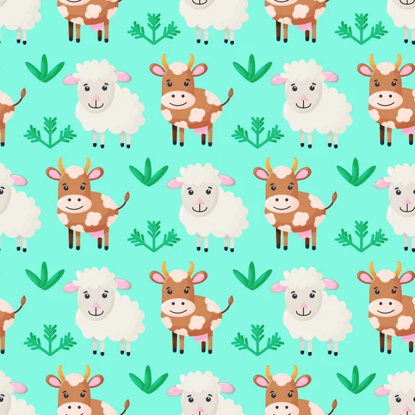 Lindos animales de granja, hierba y flores fondo aislado. Patrón sin costuras para niños. Vector simple vaca, oveja. Ilustración de personajes divertidos . — Vector de stock