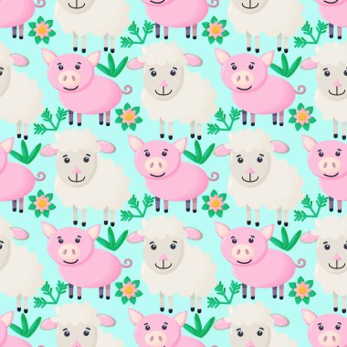 Çiftlik hayvanları kusursuz desenli. Çizgi filmlerdeki sevimli bebek hayvan koleksiyonu. Koyun, domuz. Düz vektör çizimi izole edildi.