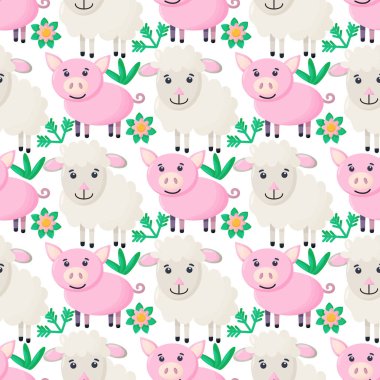 Çiftlik hayvanları kusursuz desenli. Çizgi filmlerdeki sevimli bebek hayvan koleksiyonu. Koyun, domuz. Düz vektör çizimi izole edildi.