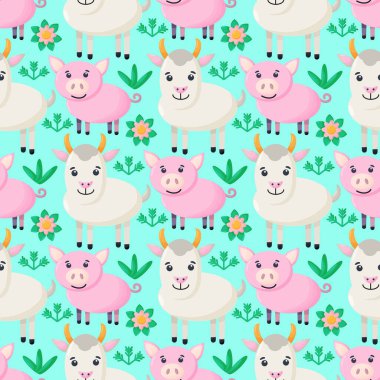 Çiftlik hayvanları kusursuz desenli. Çizgi filmlerdeki sevimli bebek hayvan koleksiyonu. Keçi, domuz. Düz vektör çizimi izole edildi.