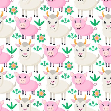 Çiftlik hayvanları kusursuz desenli. Çizgi filmlerdeki sevimli bebek hayvan koleksiyonu. Keçi, domuz. Düz vektör çizimi izole edildi.