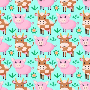 Domuz ve ineğin kusursuz deseni. Tekrarlanabilir tekstil vektör baskısı, duvar kağıdı tasarımı.