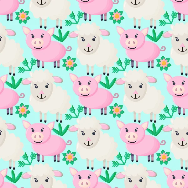 Çiftlik hayvanları kusursuz desenli. Çizgi filmlerdeki sevimli bebek hayvan koleksiyonu. Koyun, domuz. Düz vektör çizimi izole edildi.