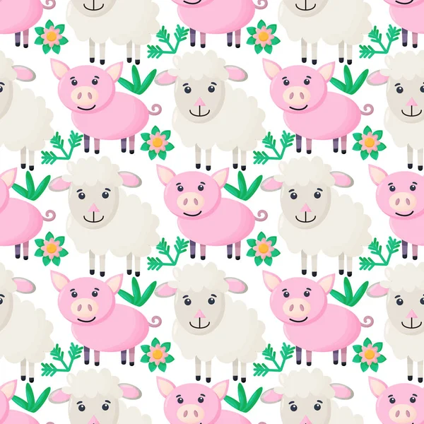 Çiftlik hayvanları kusursuz desenli. Çizgi filmlerdeki sevimli bebek hayvan koleksiyonu. Koyun, domuz. Düz vektör çizimi izole edildi.