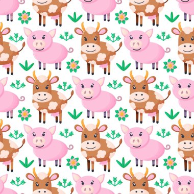 Domuz ve ineğin kusursuz deseni. Tekrarlanabilir tekstil vektör baskısı, duvar kağıdı tasarımı.