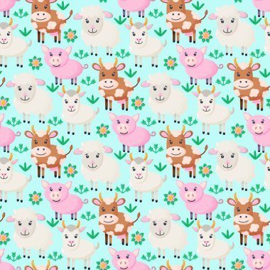 Çiftlik hayvanları kusursuz desenli. Çizgi filmlerdeki sevimli bebek hayvan koleksiyonu. Keçi, domuz, koyun, inek. 