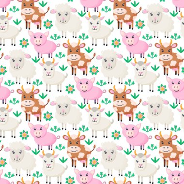 Çiftlik hayvanları kusursuz desenli. Çizgi filmlerdeki sevimli bebek hayvan koleksiyonu. Keçi, domuz, koyun, inek. Düz vektör illüstrasyonu 