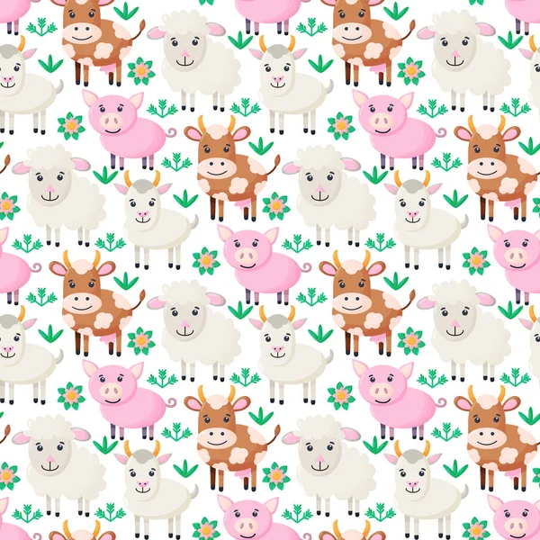 Farm animals seamless pattern. Collection of cartoon cute baby animals. goat, pig, sheep, cow. Flat vector illustration — Stock Vector