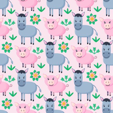 Çiftlik hayvanları kusursuz desenli. Çizgi filmlerdeki sevimli bebek hayvan koleksiyonu. Domuz, eşek. Düz vektör çizimi izole edildi.