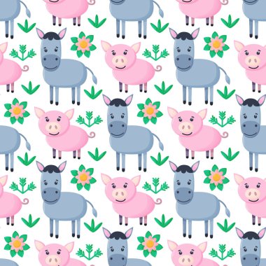 Çiftlik hayvanları kusursuz desenli. Çizgi filmlerdeki sevimli bebek hayvan koleksiyonu. Domuz, eşek. Düz vektör çizimi izole edildi.