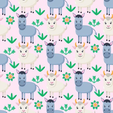 Çiftlik hayvanları kusursuz desenli. Çizgi filmlerdeki sevimli bebek hayvan koleksiyonu. Keçi, eşek. Düz vektör çizimi izole edildi.