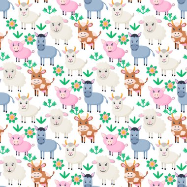 Çiftlik hayvanları kusursuz desenli. Çizgi filmlerdeki sevimli bebek hayvan koleksiyonu. Domuz, eşek, keçi, inek. 