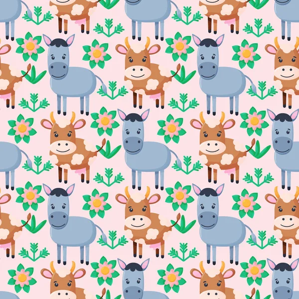 Animais de fazenda padrão sem costura. Coleção de desenhos animados animais bonitos do bebê. Vaca, burro. Ilustração vetorial plana isolada. — Vetor de Stock
