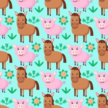 Çiftlik hayvanları kusursuz desenli. Çizgi filmlerdeki sevimli bebek hayvan koleksiyonu. Koyun, at. Düz vektör çizimi izole edildi. Vektör illüstrasyonu