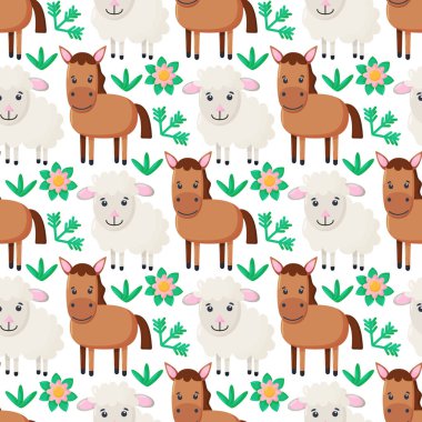 Çiftlik hayvanları kusursuz desenli. Çizgi filmlerdeki sevimli bebek hayvan koleksiyonu. Koyun, at. Düz vektör çizimi izole edildi. Vektör illüstrasyonu