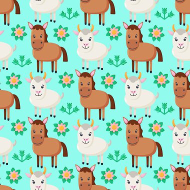 Çiftlik hayvanları kusursuz desenli. Çizgi filmlerdeki sevimli bebek hayvan koleksiyonu. Keçi, at. Düz vektör çizimi izole edildi. Vektör illüstrasyonu