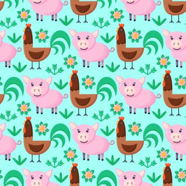 Çiftlik hayvanları kusursuz desenli. Çizgi filmlerdeki sevimli bebek hayvan koleksiyonu. Domuz, horoz. Düz vektör çizimi izole edildi.
