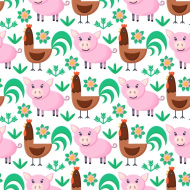 Çiftlik hayvanları kusursuz desenli. Çizgi filmlerdeki sevimli bebek hayvan koleksiyonu. Domuz, horoz. Düz vektör çizimi izole edildi.