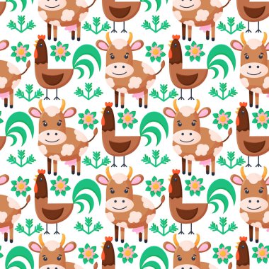 Çiftlik hayvanları kusursuz desenli. Çizgi filmlerdeki sevimli bebek hayvan koleksiyonu. İnek, yarak. Düz vektör çizimi izole edildi.