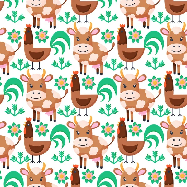 Farm animals seamless pattern. Collection of cartoon cute baby animals. Cow, cock. Flat vector illustration isolated. — Stock Vector