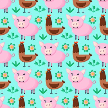 Çiftlik hayvanları kusursuz desenli. Çizgi filmlerdeki sevimli bebek hayvan koleksiyonu. Domuz, tavuk. Düz vektör çizimi izole edildi. 