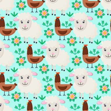 Çiftlik hayvanları kusursuz desenli. Çizgi filmlerdeki sevimli bebek hayvan koleksiyonu. Koyun, tavuk. Düz vektör çizimi izole edildi.