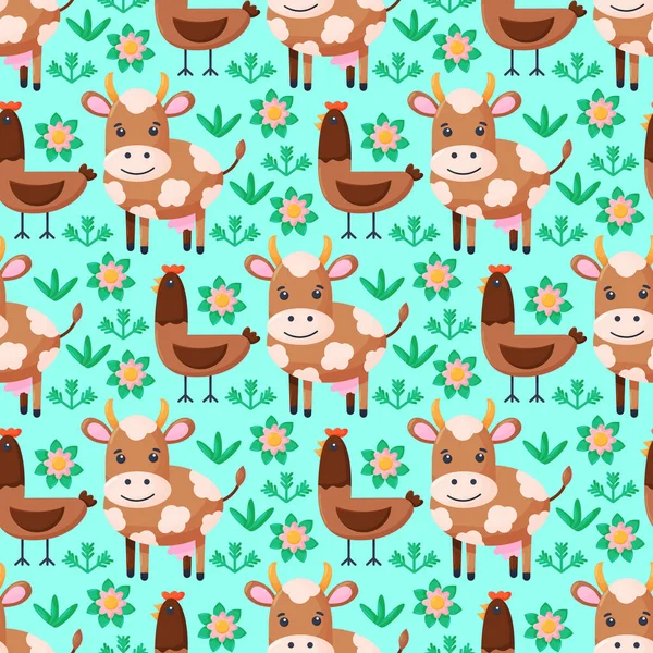 Farm animals seamless pattern. Collection of cartoon cute baby animals. Cow, chicken. Flat vector illustration isolated. — Stock Vector