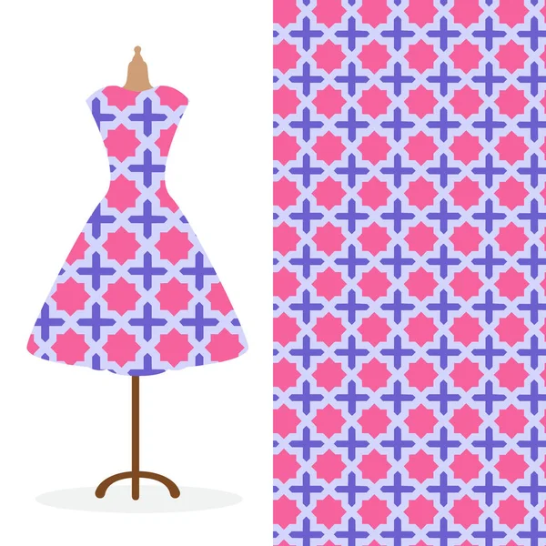 Kvinnors långa klänning mocka upp med ljusa sömlösa handritade mönster för textil, papper tryck. — Stock vektor