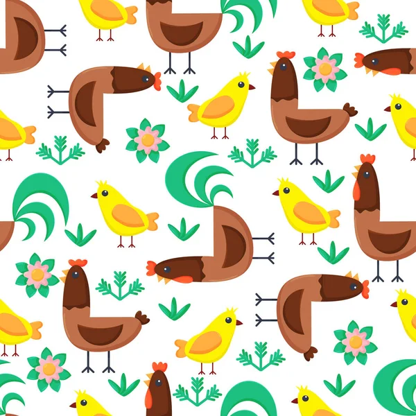 Naadloos patroon kippen haan kuikens. Vector Illustratie — Stockvector