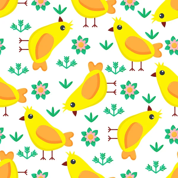 Patrón sin costuras con dibujos animados pollitos amarillos. Tarjetas de felicitación de Pascua, Fondo dibujado a mano — Vector de stock