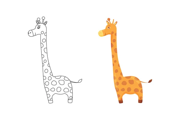 Векторная иллюстрация раскраски страниц животных - жирафов. Милый мультяшный модный дизайн, маленький жираф — стоковый вектор