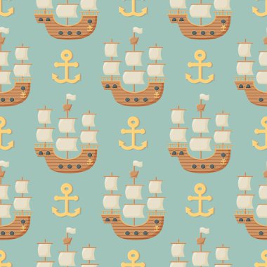 Çapa ve yelkenli ile kusursuz desen. Kumaş, bebek kıyafetleri, arka plan, tekstil için şirin denizci deseni.