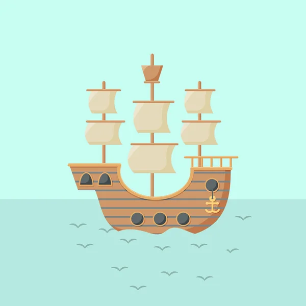 Ship with white sails. Flat style vector icon. — Stock Vector