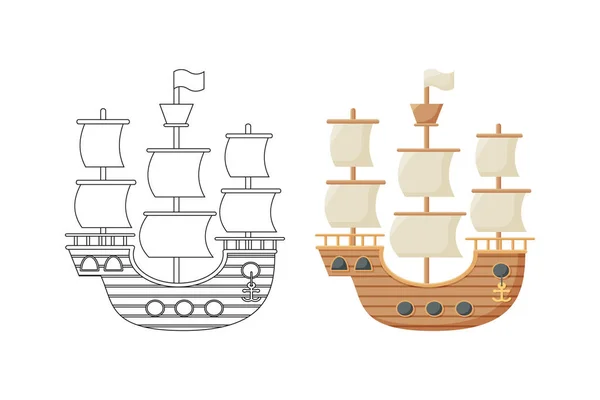 Эскиз парусника, корабля, раскраски, изолированного объекта на белом фоне — стоковый вектор