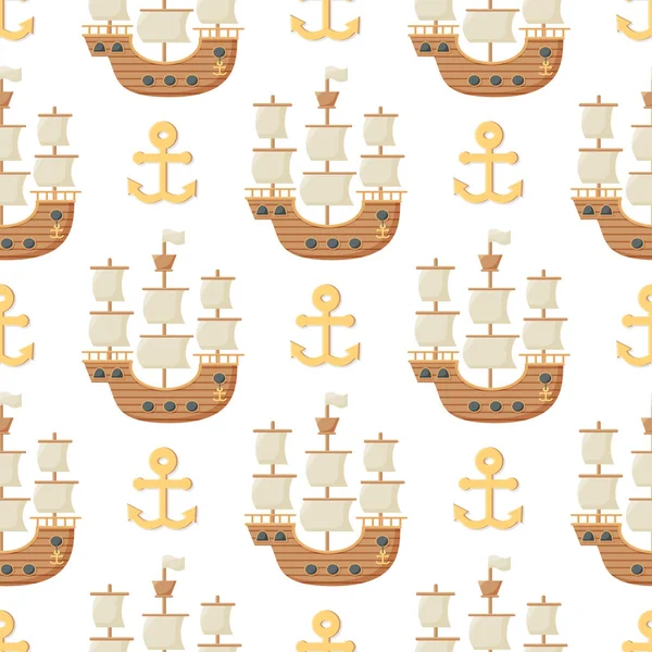 Patrón sin costuras con anclas y velero. Lindo patrón marino para tela, ropa de bebé, fondo, textil — Vector de stock