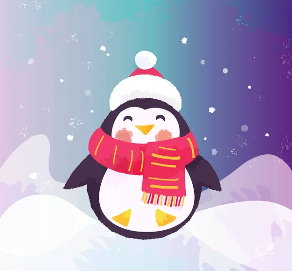 Lindo pingüino con sombrero y bufanda. Ilustración de invierno Vectores de stock libres de derechos