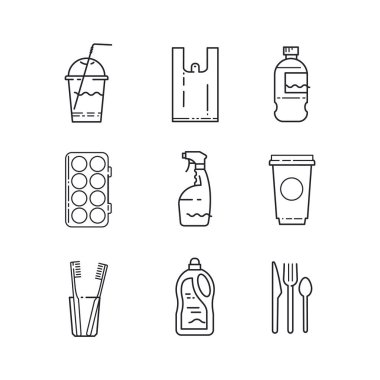 Plastik geri dönüşüm ögeleri basit satır simgesi seti.