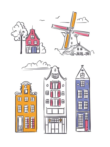 Casas de Ámsterdam y molino de viento en estilo incompleto . — Vector de stock