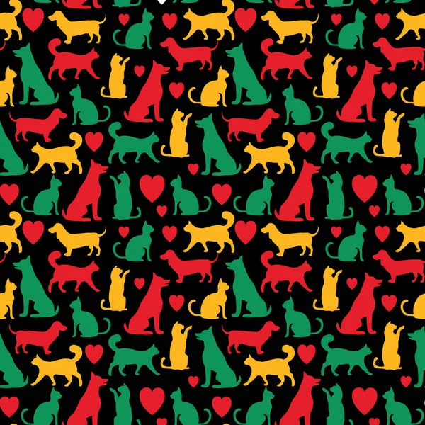 Modèle sans couture vectoriel avec chats et chiens sur fond noir — Image vectorielle