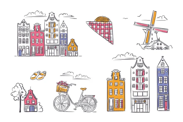 Vector set Amsterdam-Symbole in skizzenhaftem Stil. — Stockvektor