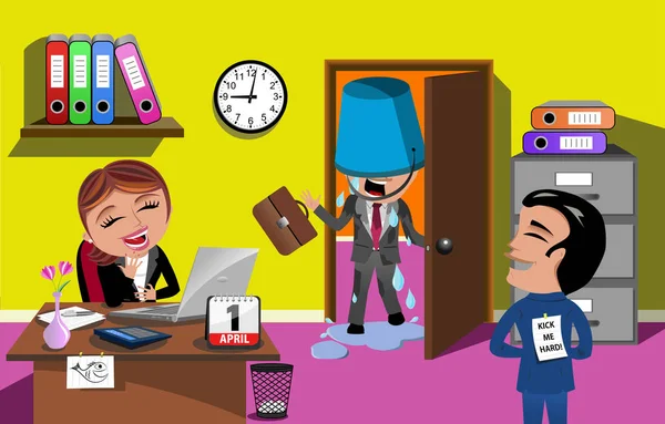 April Fools Day Bucket Water Falling Prank Office — Vector de stoc