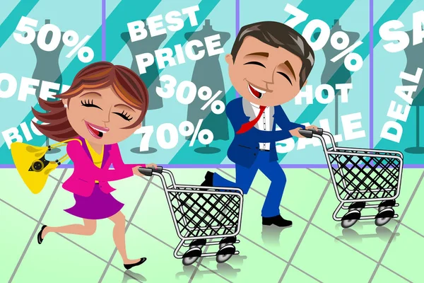 Couple Running Shopping Sale Window Shop Cart — Stock Vector