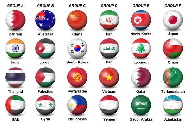 Soccer Balls Flags Countries Asian Tournament — Stock Vector