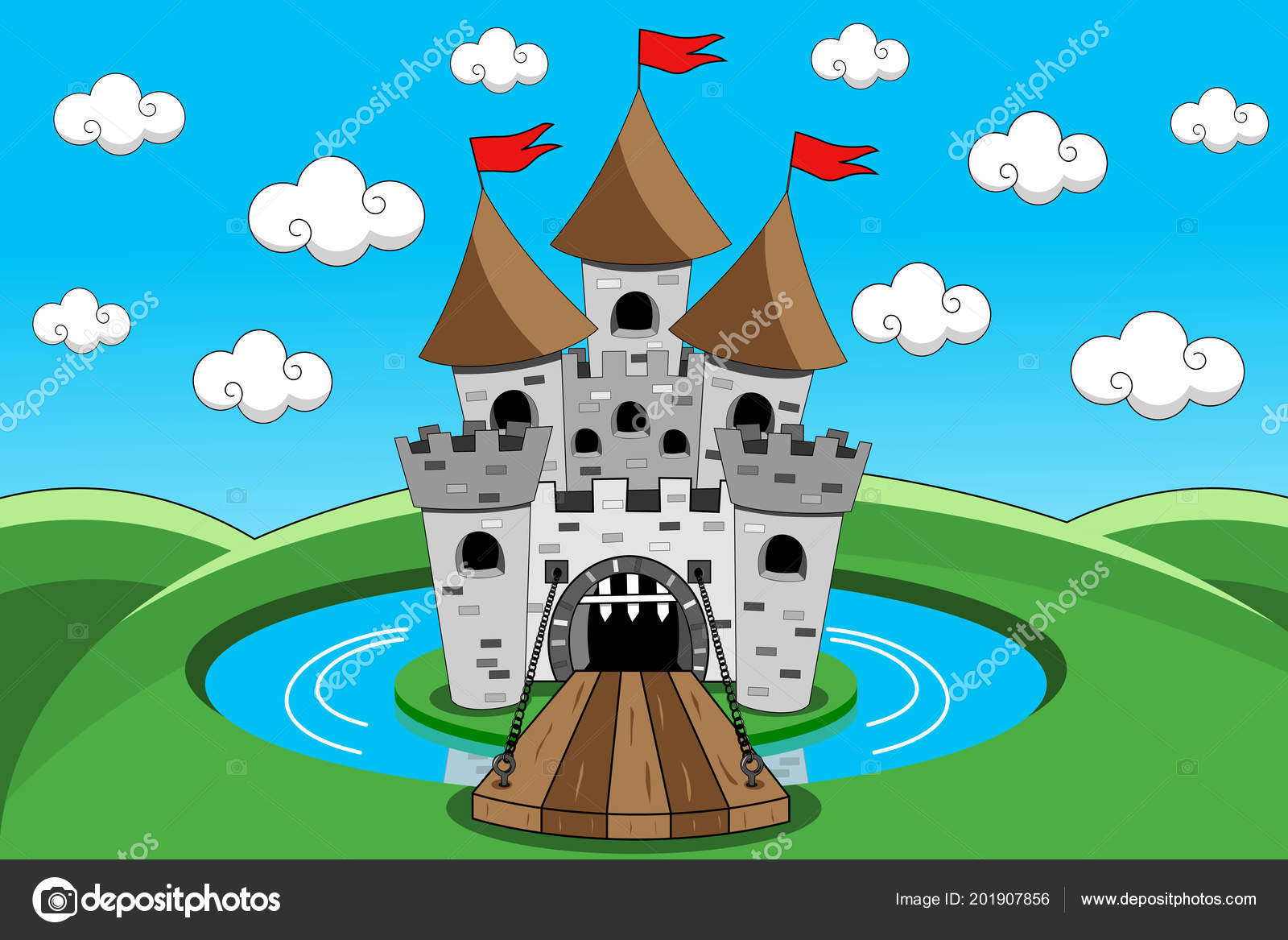 Cartoon Castle Lift Bridge Open Gate Moat Vector Image By C Canbedone Vector Stock