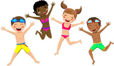 Çok kültürlü çocuk veya çocuklar mayo izole atlama içinde