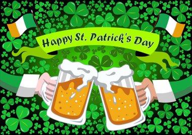 St. Patricks veya Saint Patrick s yoncaları günü kutlama arka plan için kendi bira steins tungur iki kolu