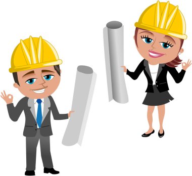 Kask ve plan üzerinde beyaz izole tutarak Ok el hareketi ile gülümseyen karikatür mimar