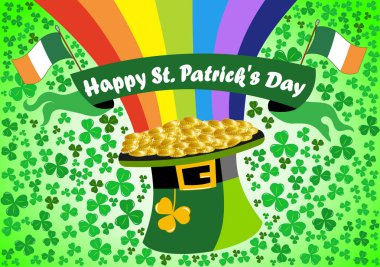 St. Patricks veya Saint Patrick s günü kutlama için şapka İrlanda bayrakları ile gökkuşağının sonunda cin kalkık