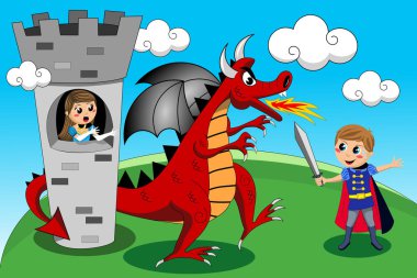 Ortaçağ şövalye kılıcı kulesinde şirin endişeli Prenses serbest bırakmak için kızıl ejder karşı mücadele