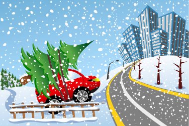 Kırmızı araba sür xmas ağacı ormanından alınan ile